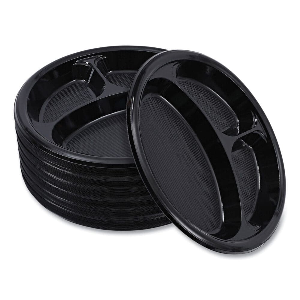 Hi-Impact Plastic Dinnerware, Plate, 3-Compartment, 10" dia, Black, 125/Sleeve, 4 Sleeves/Carton - Image 7