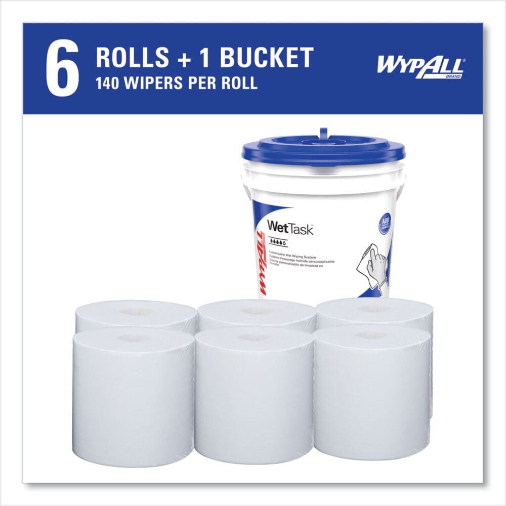 Critical Clean Wipers for Bleach, Disinfectants, Sanitizers WetTask Customizable Wet Wiping System, w/Bucket,140/Roll, 6/CT - Image 4