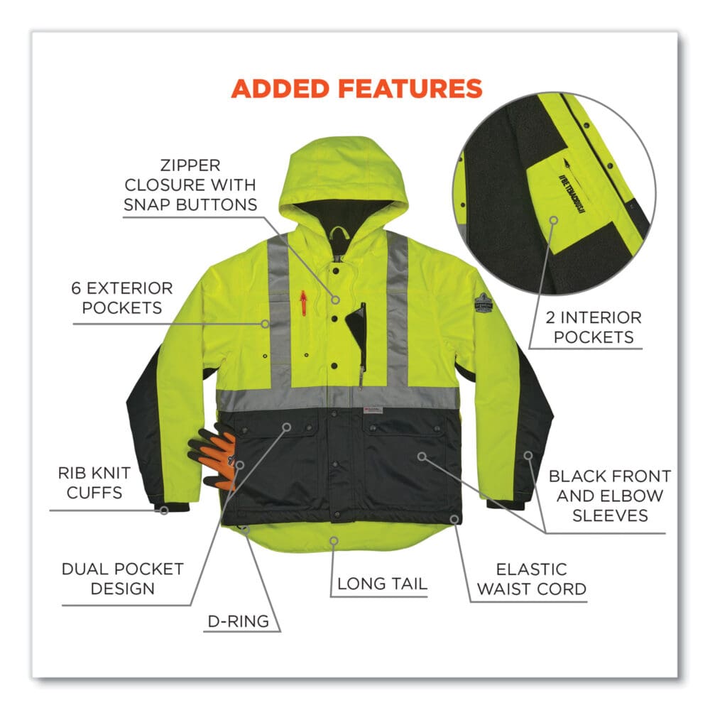 GloWear 8275 Class 2 Heavy-Duty Hi-Vis Workwear Sherpa Lined Jacket, Medium, Lime, Ships in 1-3 Business Days - Image 3