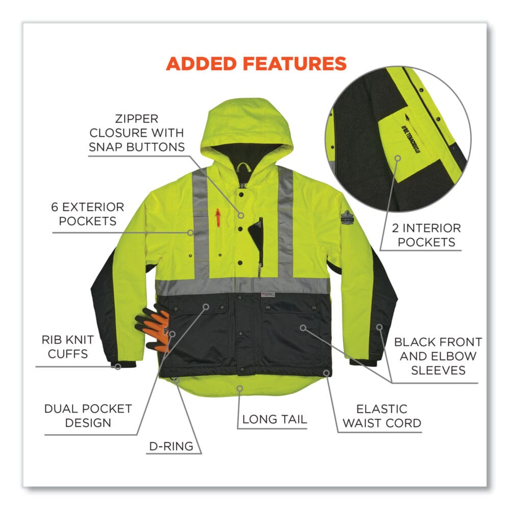 GloWear 8275 Class 2 Heavy-Duty Hi-Vis Workwear Sherpa Lined Jacket, Small, Lime, Ships in 1-3 Business Days - Image 9