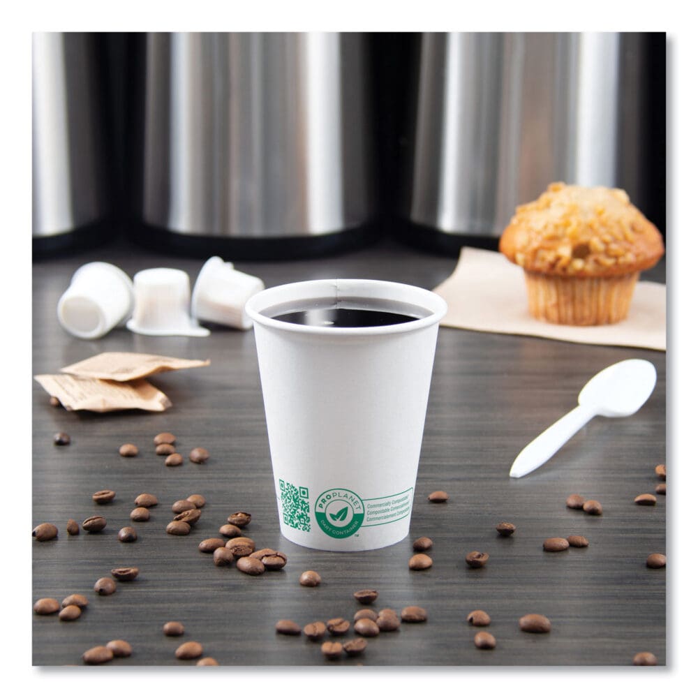 Compostable Paper Hot Cups, ProPlanet Seal, 8 oz, White/Green, 50/Pack - Image 4