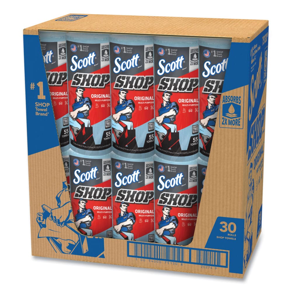 Shop Towels, Standard Roll, 1-Ply, 9.4 x 11, Blue, 55/Roll, 30 Rolls/Carton - Image 5