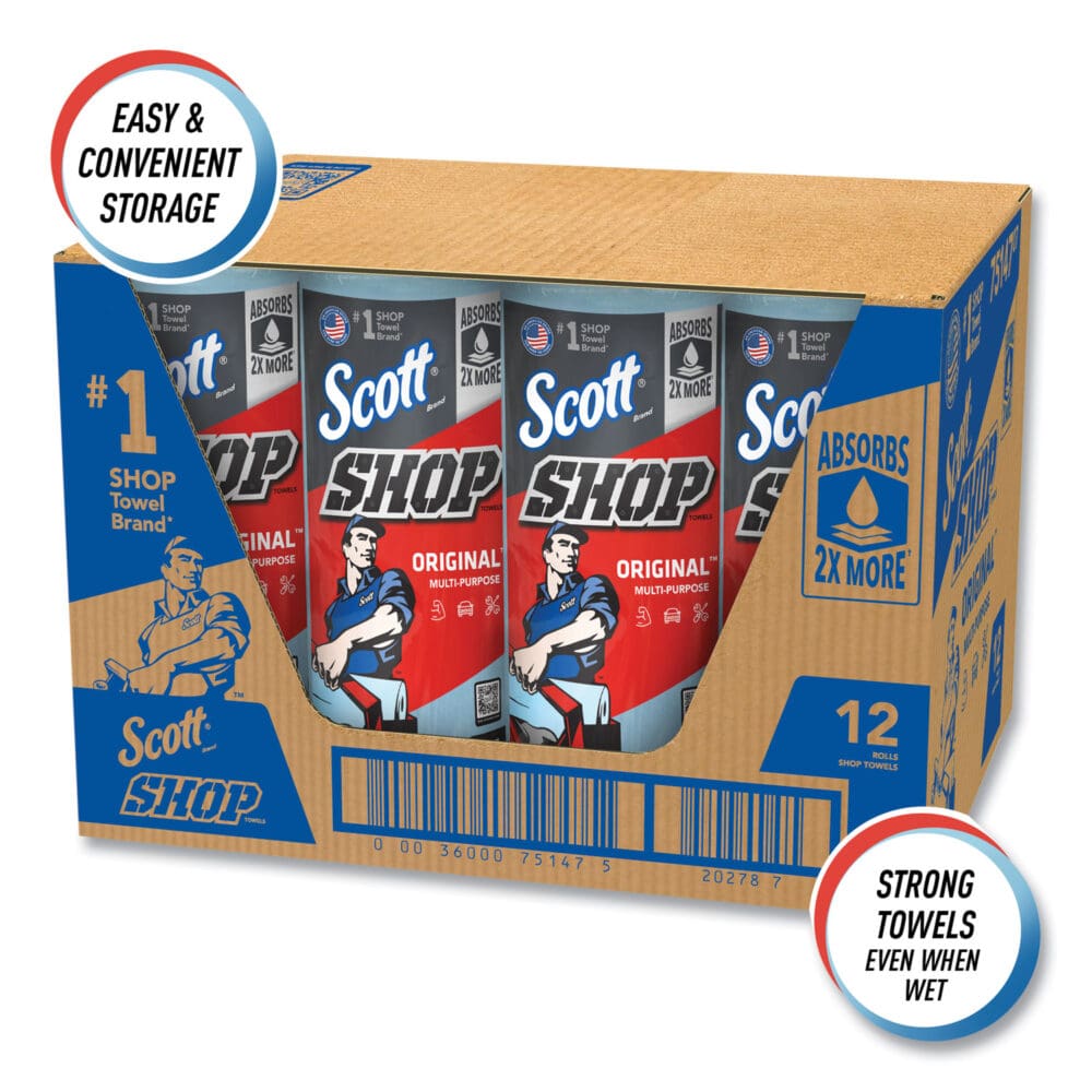 Shop Towels, Standard Roll, 1-Ply, 9.4 x 11, Blue, 55/Roll, 12 Rolls/Carton - Image 2