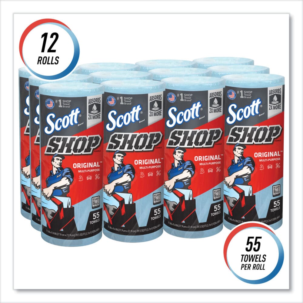 Shop Towels, Standard Roll, 1-Ply, 9.4 x 11, Blue, 55/Roll, 12 Rolls/Carton - Image 4