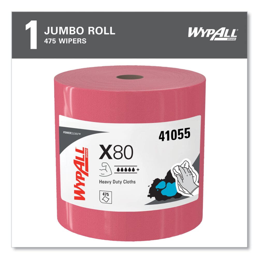 Power Clean X80 Heavy Duty Cloths, Jumbo Roll, 12.4 x 12.2, Red, 475 Wipers/Roll - Image 12