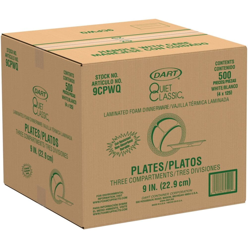 Quiet Classic Laminated Foam Dinnerware, 3 Compartment Plate, 9" dia, White, 500/Carton - Image 5