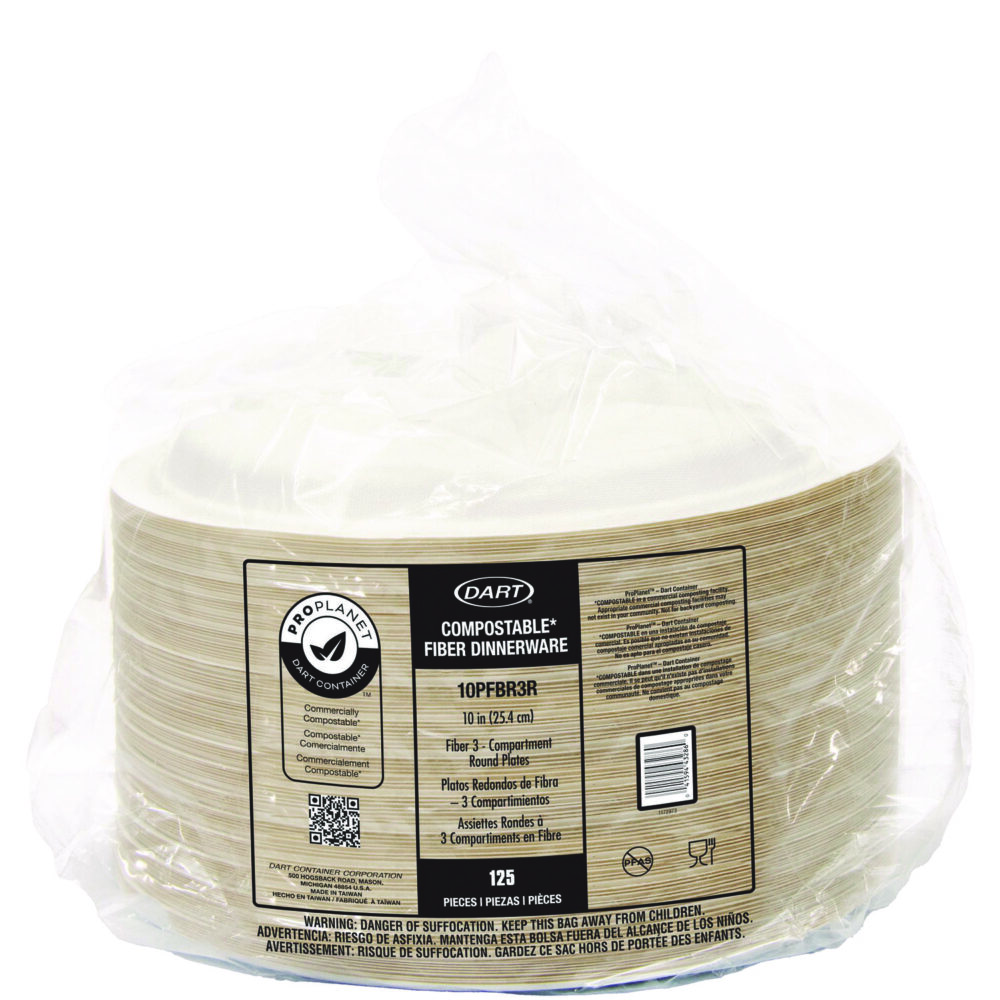 Compostable Fiber Dinnerware, ProPlanet Seal, 3-Compartment Plate, 10" Diameter, Ivory, 500/Carton