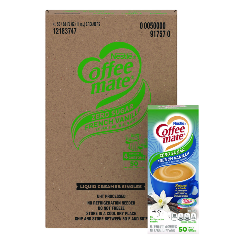 Liquid Coffee Creamer, Zero Sugar French Vanilla, 0.38 oz Mini Cups, 50/Box, 4 Boxes/Carton, 200 Total/Carton