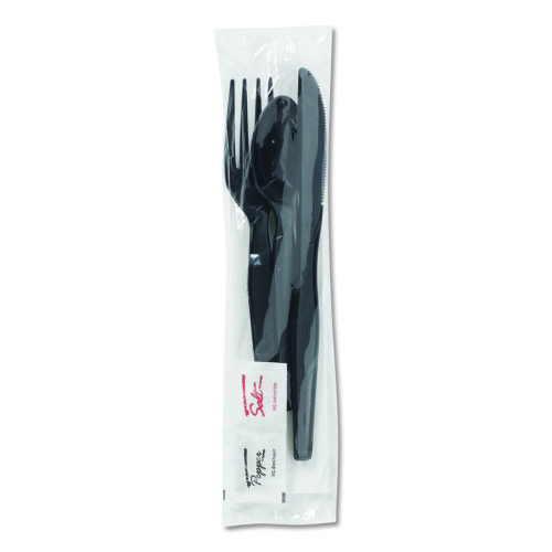 Wrapped Tableware/Napkin Packets, Fork/Knife/Spoon/Napkin, Black, 250/Carton