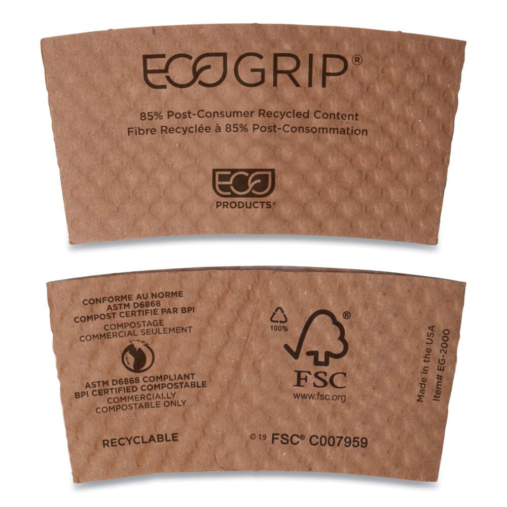EcoGrip Hot Cup Sleeves - Renewable and Compostable, Fits 12, 16, 20, 24 oz Cups, Kraft, 1,300/Carton