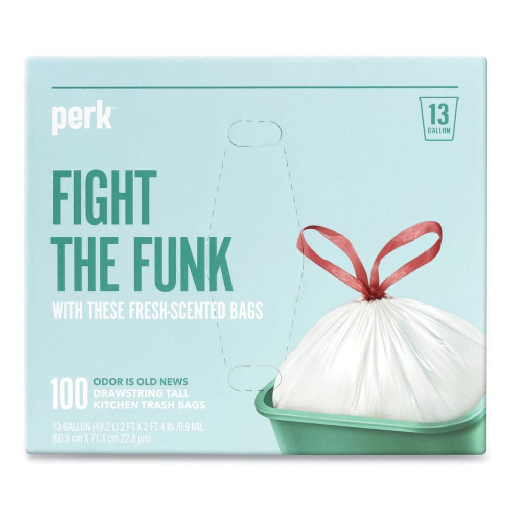 Scented Drawstring Tall Kitchen Trash Bags, 13 gal, 0.9 mil, 28" x 24", White, 100/Box