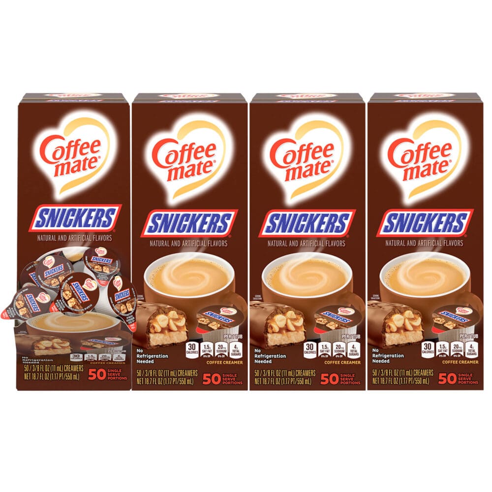 Liquid Coffee Creamer, Snickers, 0.38 oz Mini Cups, 200 Cups/Carton