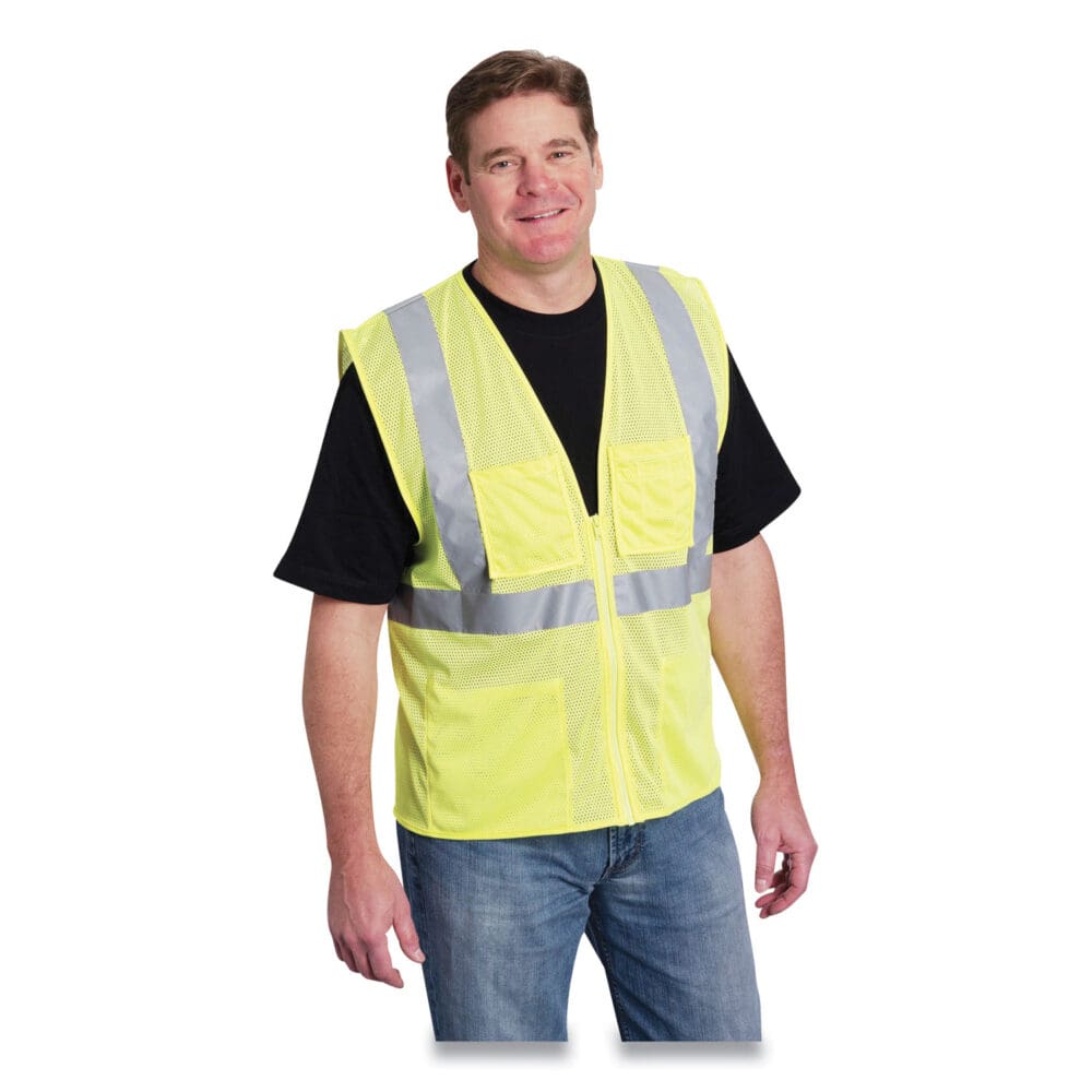 ANSI Class 2 Four Pocket Zipper Safety Vest, Polyester Mesh, X-Large, Hi-Viz Lime Yellow