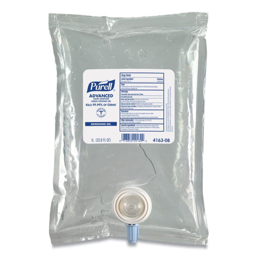 Advanced Hand Sanitizer Green Certified Gel Refill, For CS2 Dispensers, 1,000 mL, Fragrance-Free, 8/Carton