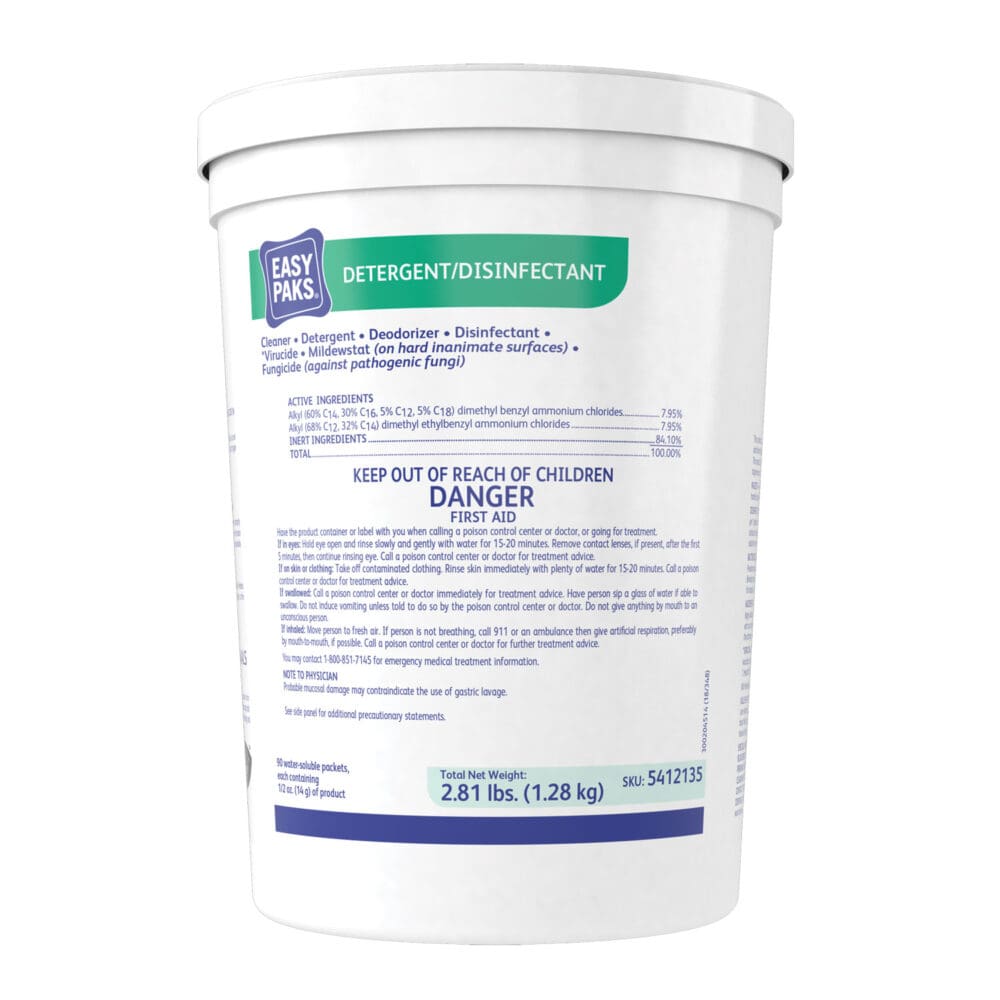 Detergent/Disinfectant, Lemon Scent, 0.5 oz Packet, 90/Tub, 2 Tubs/Carton