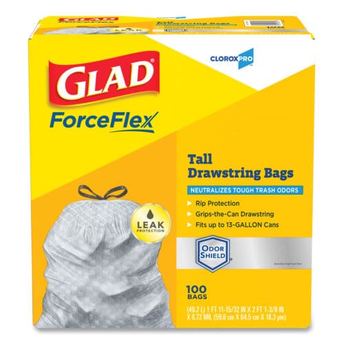 ForceFlex Tall Kitchen Drawstring Trash Bags, 13 gal, 0.72 mil, 23.75" x 24.88", Gray, 100/Box