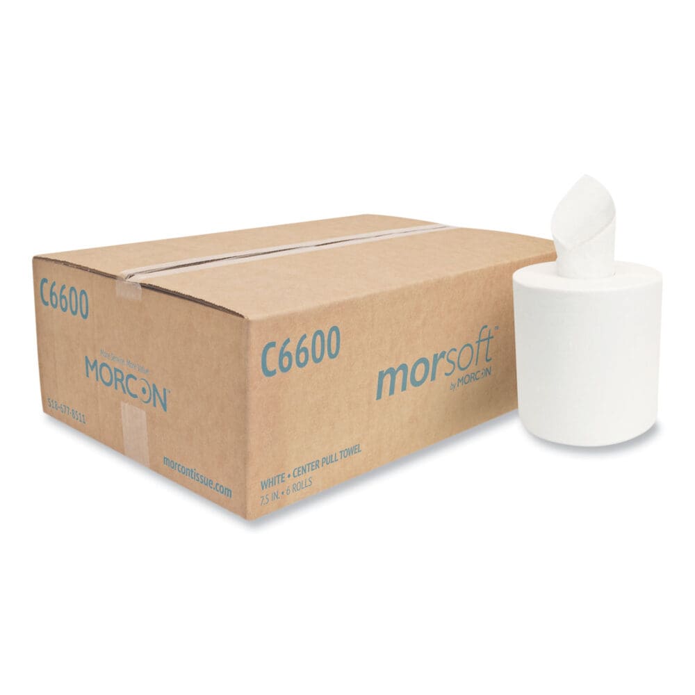 Morsoft Center-Pull Roll Towels, 2-Ply, 6.9" dia, White, 600 Sheets/Roll, 6 Rolls/Carton