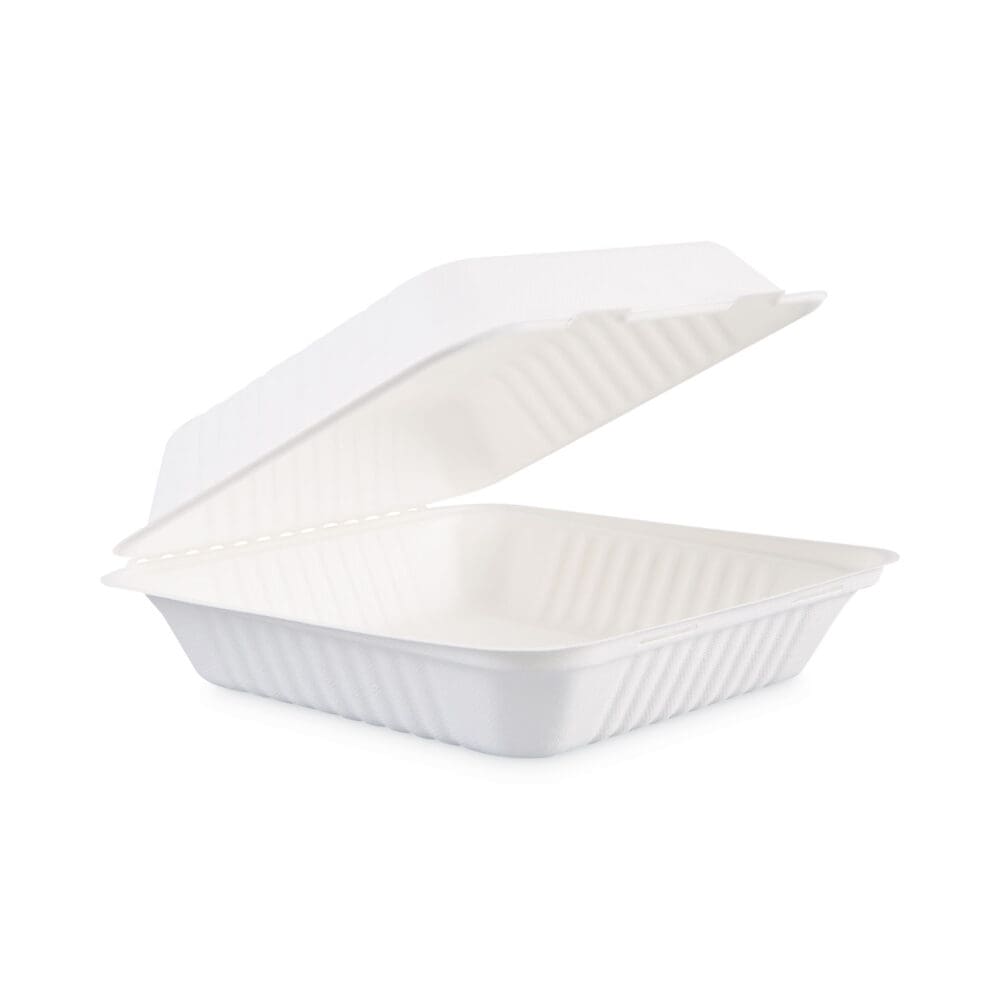 Bagasse Food Containers, Hinged-Lid, 1-Compartment 9 x 9 x 3.19, White,  Sugarcane, 100/Sleeve, 2 Sleeves/Carton