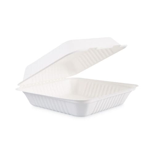 Bagasse Food Containers, Hinged-Lid, 1-Compartment 9 x 9 x 3.19, White,  Sugarcane, 100/Sleeve, 2 Sleeves/Carton