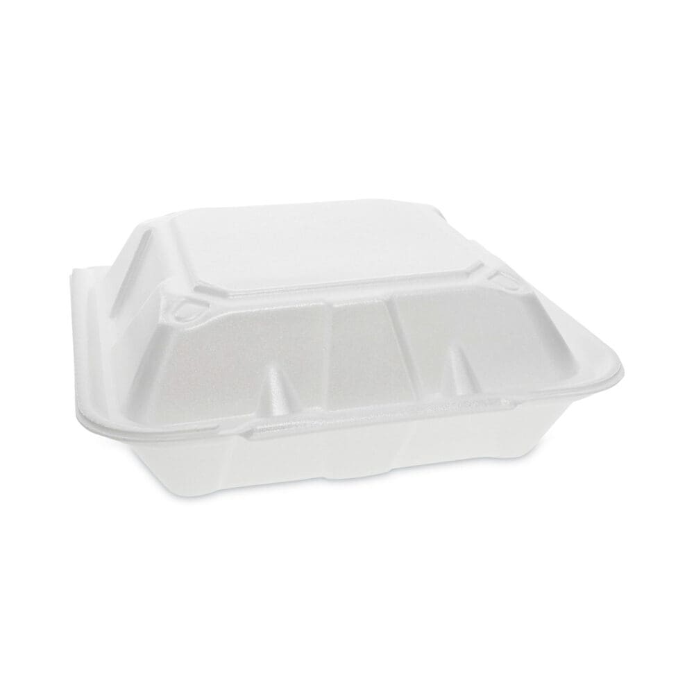 Vented Foam Hinged Lid Container, Dual Tab Lock, 3-Compartment, 9.13 x 9 x 3.25, White, 150/Carton