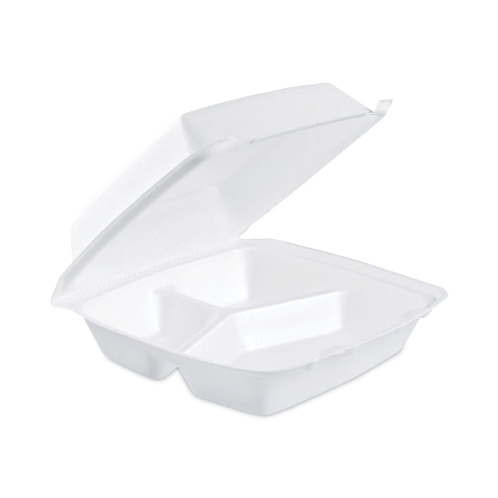 Insulated Foam Hinged Lid Containers, 3-Compartment. 7.9 x 8.4 x 3.3, White, 200/Carton