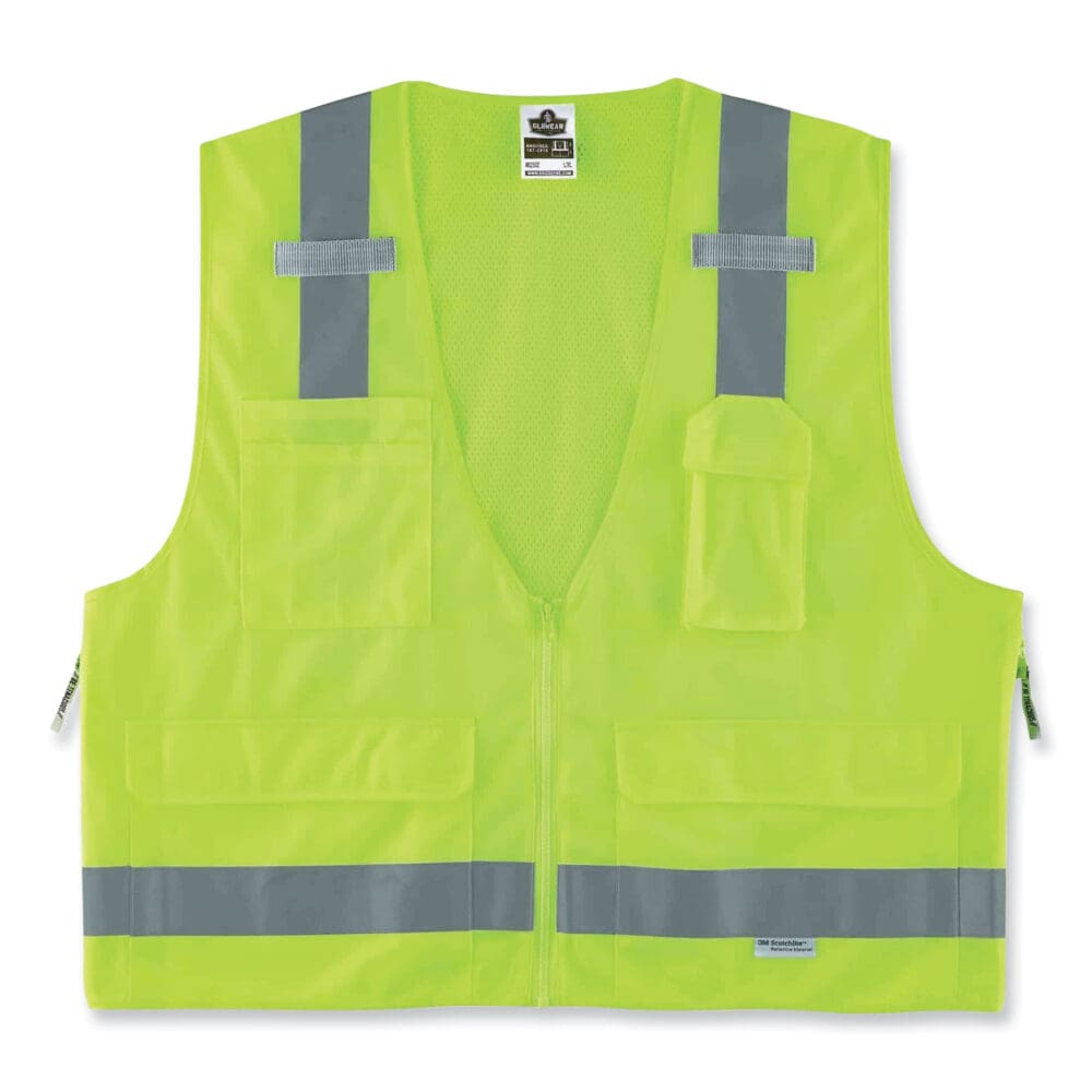 GloWear 8250Z Class 2 Surveyors Zipper Vest, Polyester, Large/X-Large, Lime, Ships in 1-3 Business Days