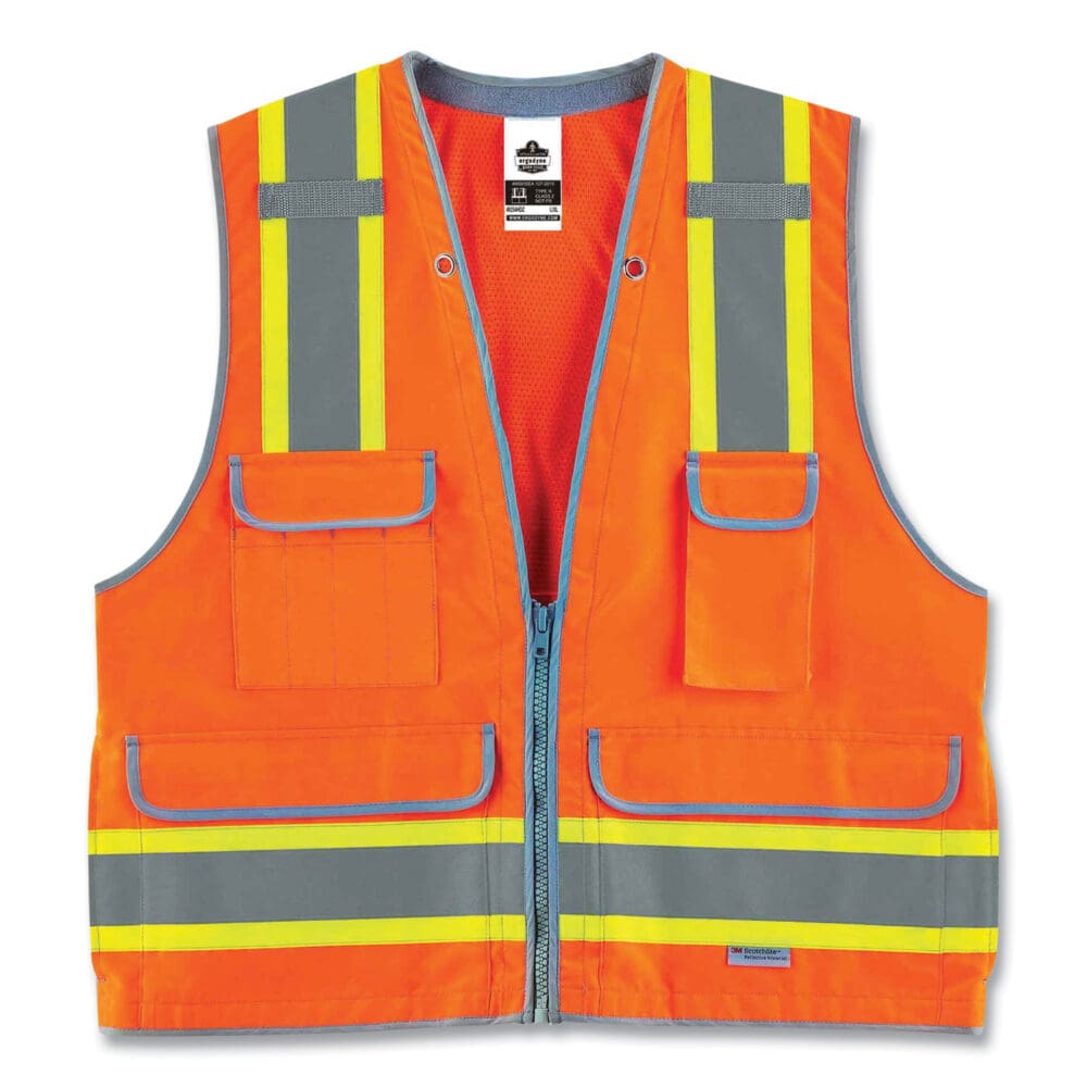 GloWear 8254HDZ Class 2 Heavy-Duty Surveyors Zipper Vest, Polyester, 4X-Large/5X-Large, Orange, Ships in 1-3 Business Days