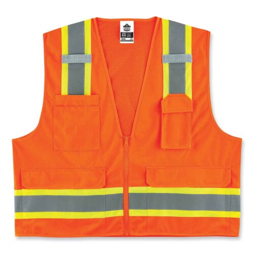 GloWear 8248Z Class 2 Two-Tone Surveyors Zipper Vest, Polyester, 2X-Large/3X-Large, Orange, Ships in 1-3 Business Days