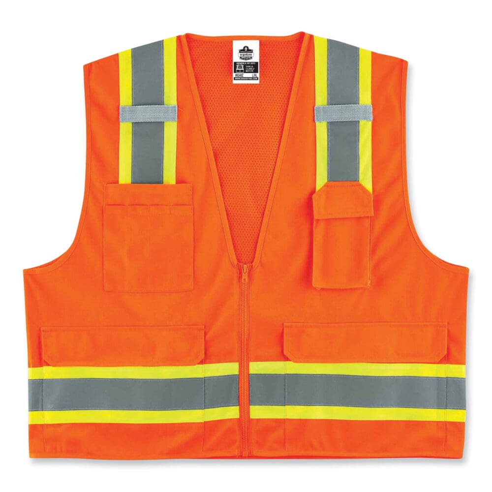 GloWear 8248Z Class 2 Two-Tone Surveyors Zipper Vest, Polyester, 4X-Large/5X-Large, Orange, Ships in 1-3 Business Days