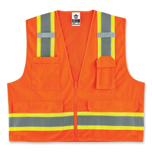 GloWear 8248Z Class 2 Two-Tone Surveyors Zipper Vest, Polyester, 4X-Large/5X-Large, Orange, Ships in 1-3 Business Days