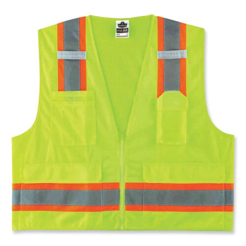 GloWear 8248Z Class 2 Two-Tone Surveyors Zipper Vest, Polyester, Large/X-Large, Lime, Ships in 1-3 Business Days