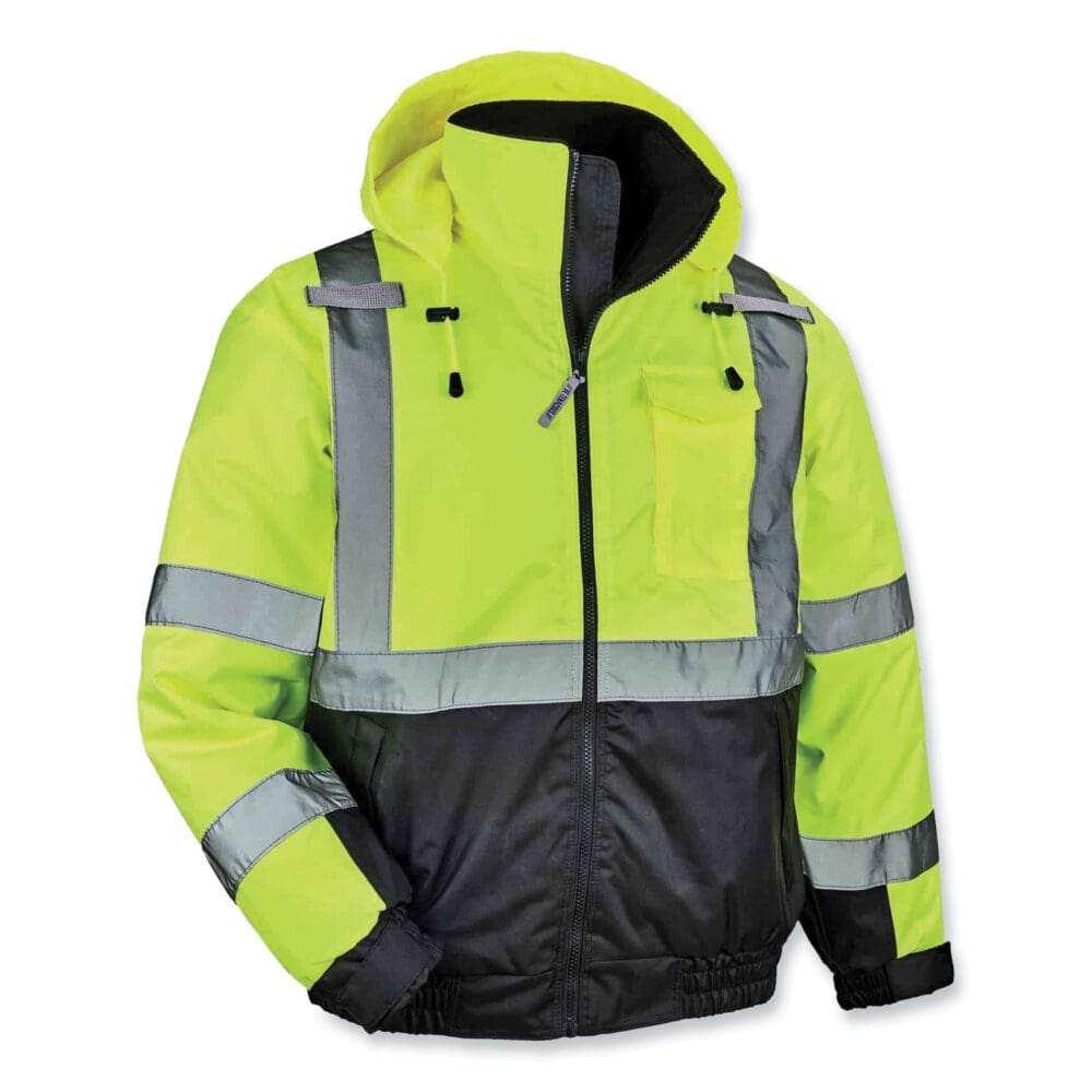 GloWear 8377 Class 3 Hi-Vis Quilted Bomber Jacket, Lime, Large, Ships in 1-3 Business Days