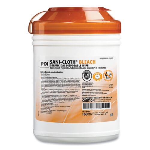 Sani-Cloth Bleach Germicidal Disposable Wipes, 1-Ply, 7.5 x 15, Unscented, White, 160/Canister, 12 Canisters/Carton