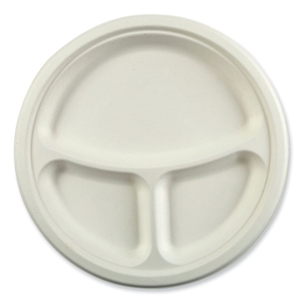 Bagasse PFAS-Free Dinnerware, 3-Compartment Plate, 10.24" dia, White, 500/Carton