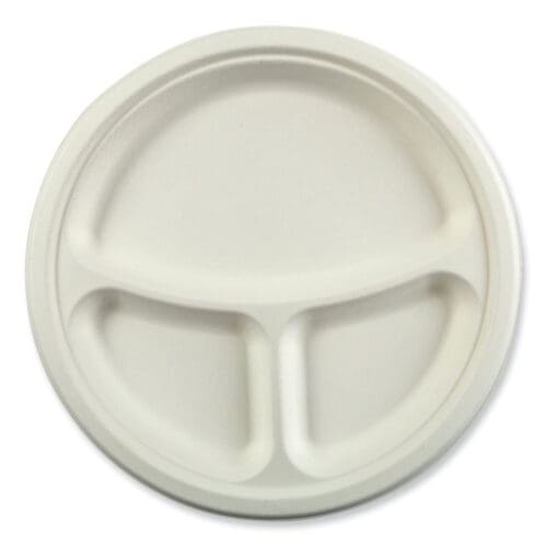 Bagasse PFAS-Free Dinnerware, 3-Compartment Plate, 10.24" dia, White, 500/Carton