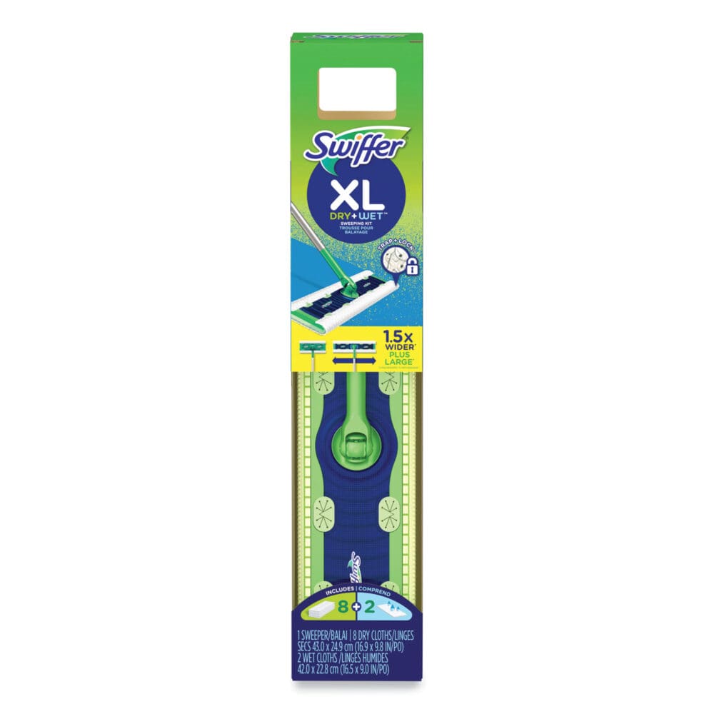 Sweeper Mop, 16.5 x 9 White Cloth Head, 46" Green/Silver Aluminum/Plastic Handle