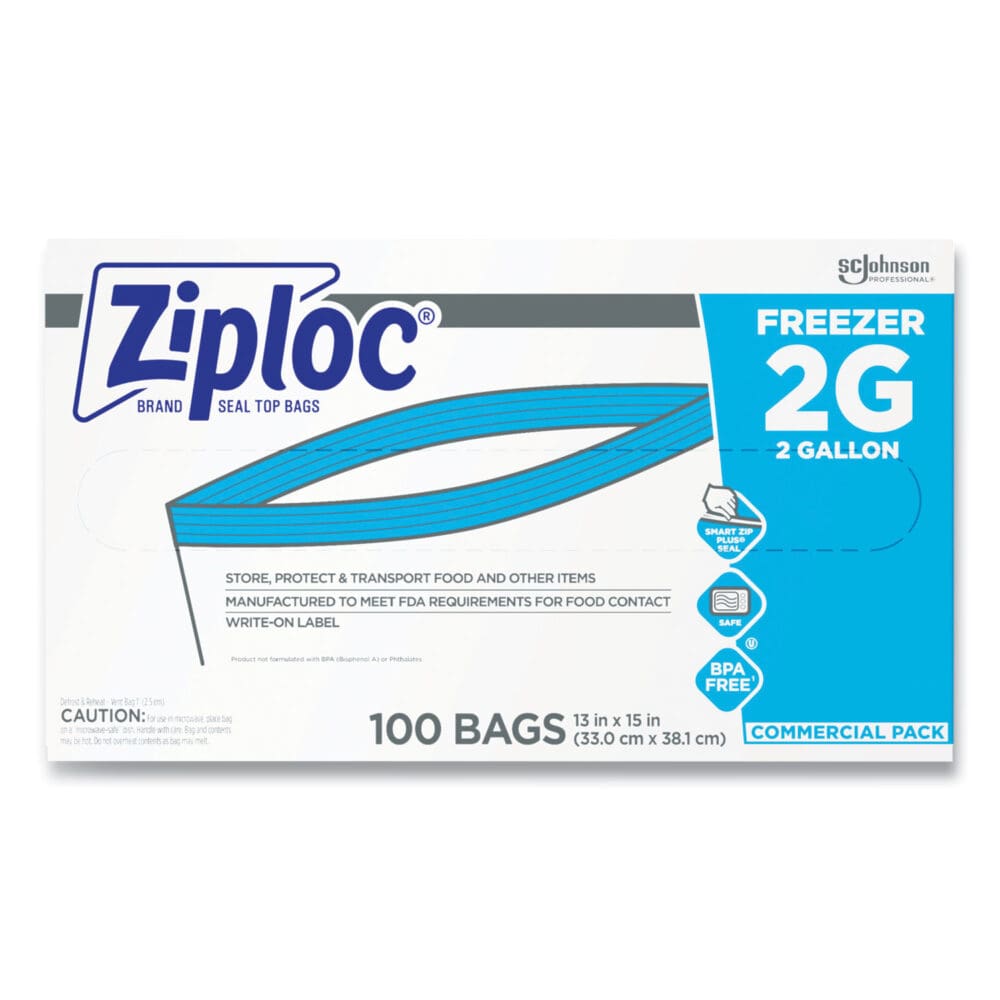 Double Zipper Freezer Bags, 2 gal, 2.7 mil, 13" x 15.5", Clear, 100/Carton