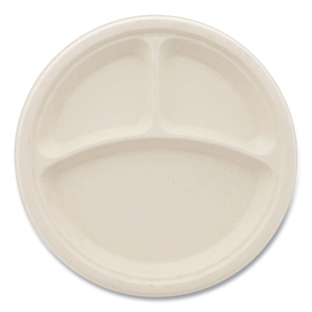 Bagasse PFAS-Free Dinnerware, Plate, 10" dia, 3-Compartment, Tan, 500/Carton