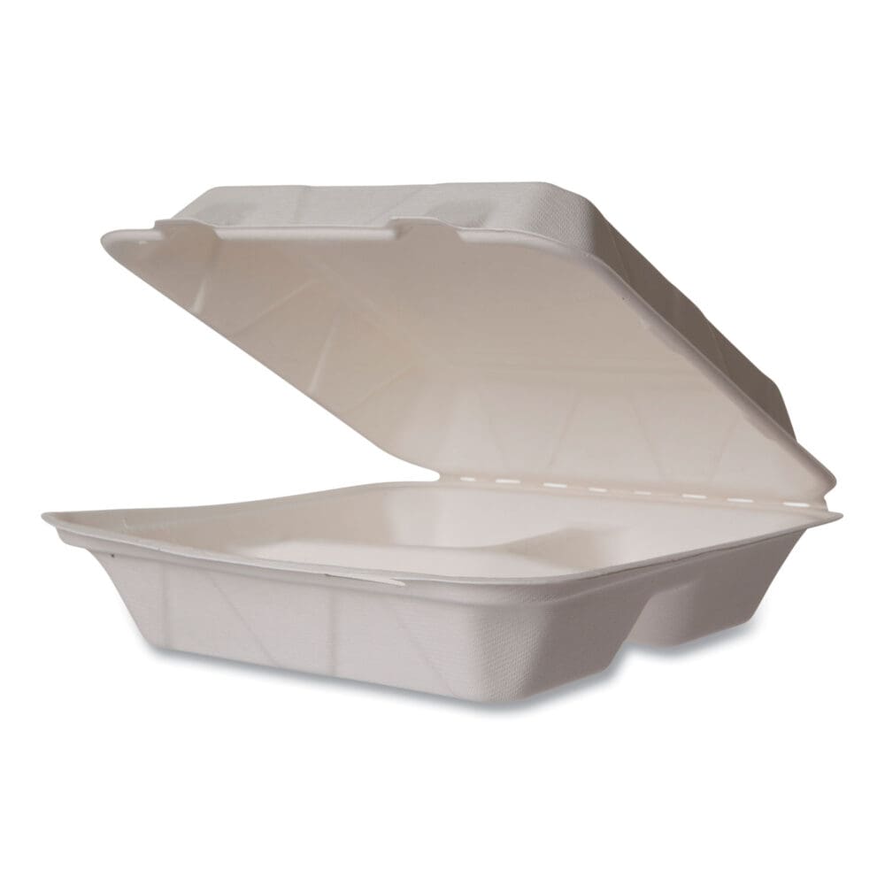 Nourish Molded Fiber Takeout Containers, 3-Compartment, 5 x 9 x 2, White, Sugarcane, 200/Carton