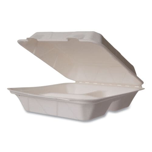 Nourish Molded Fiber Takeout Containers, 3-Compartment, 5 x 9 x 2, White, Sugarcane, 200/Carton