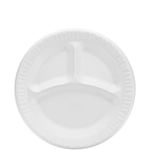 Quiet Classic Laminated Foam Dinnerware, 3 Compartment Plate, 9" dia, White, 500/Carton